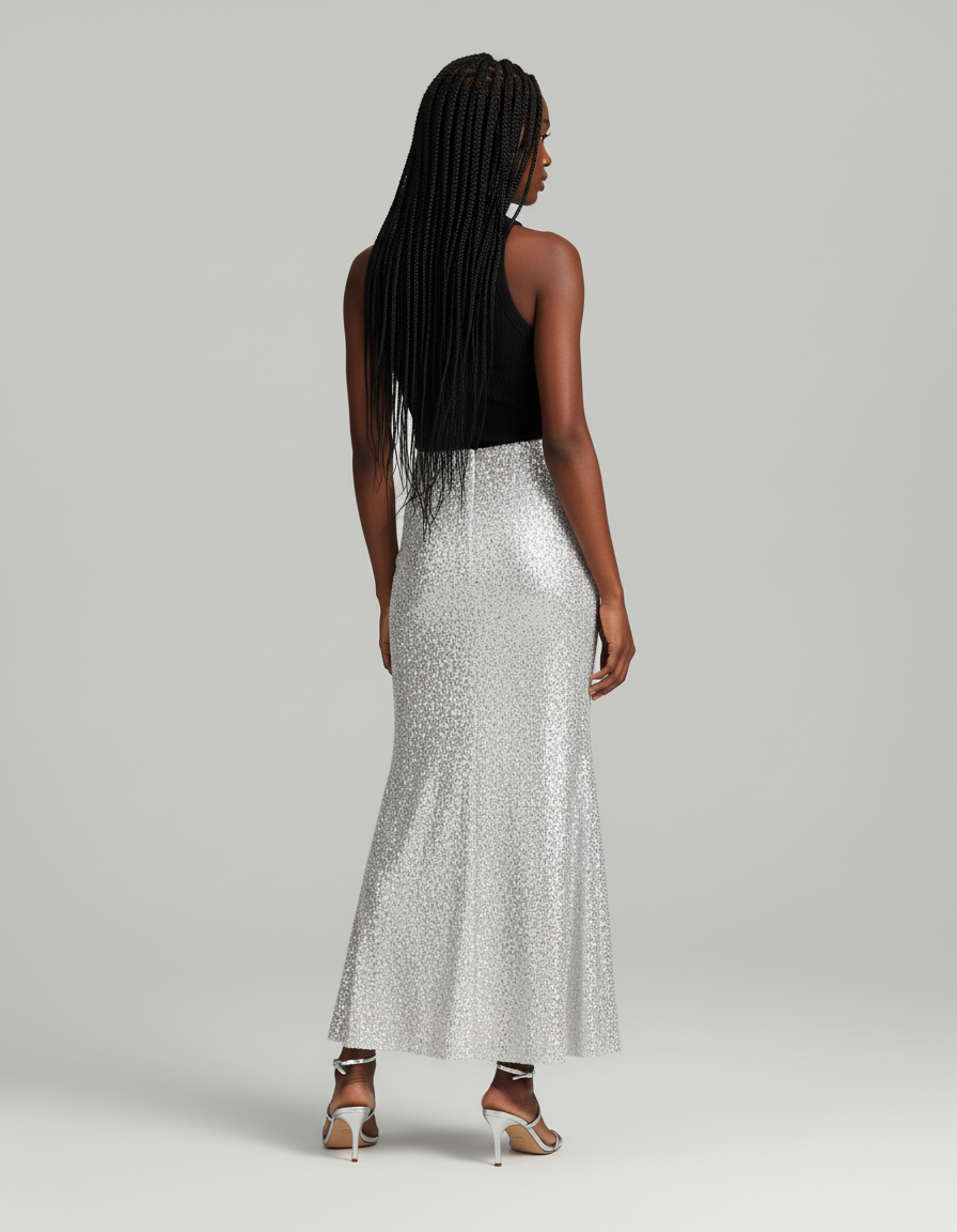 Jupe Paillette Argentée Longue Élégante