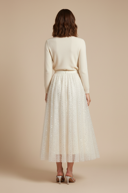 Jupe Paillette Tulle Crème Plissée