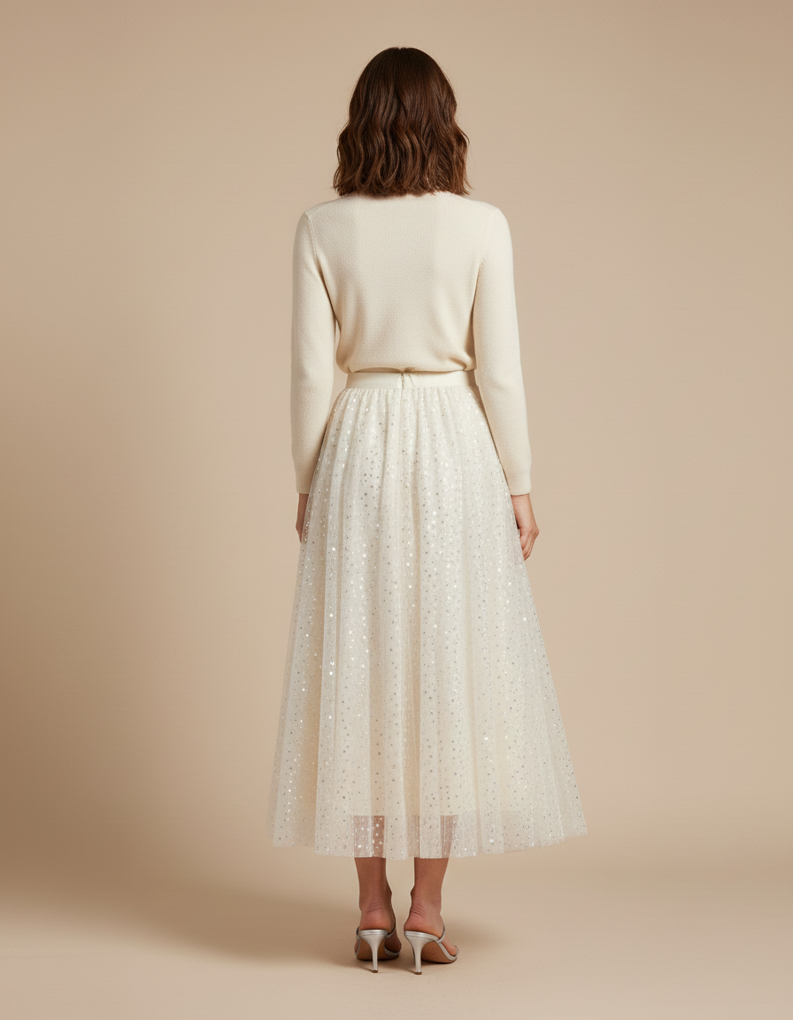 Jupe Paillette Tulle Crème Plissée