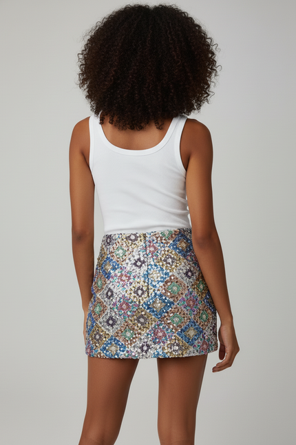 Jupe Paillette Multicolore Motif Géométrique Chic