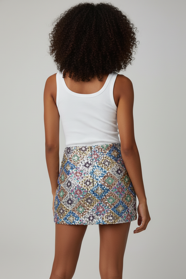 Jupe Paillette Multicolore Motif Géométrique Chic