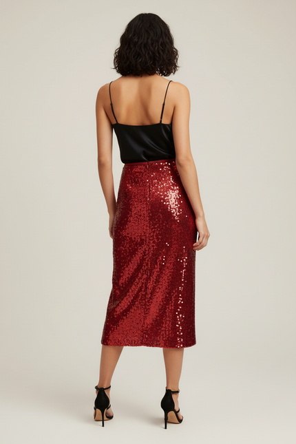 Jupe Paillette Rouge Droite Chic