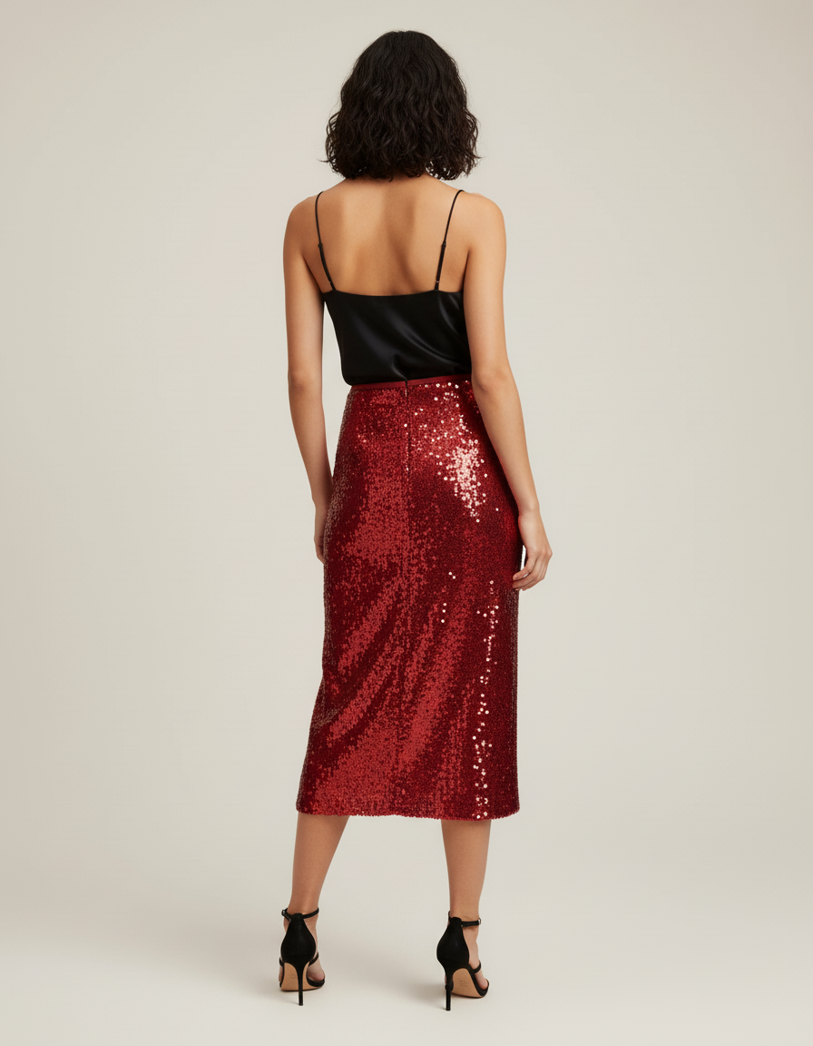 Jupe Paillette Rouge Droite Chic