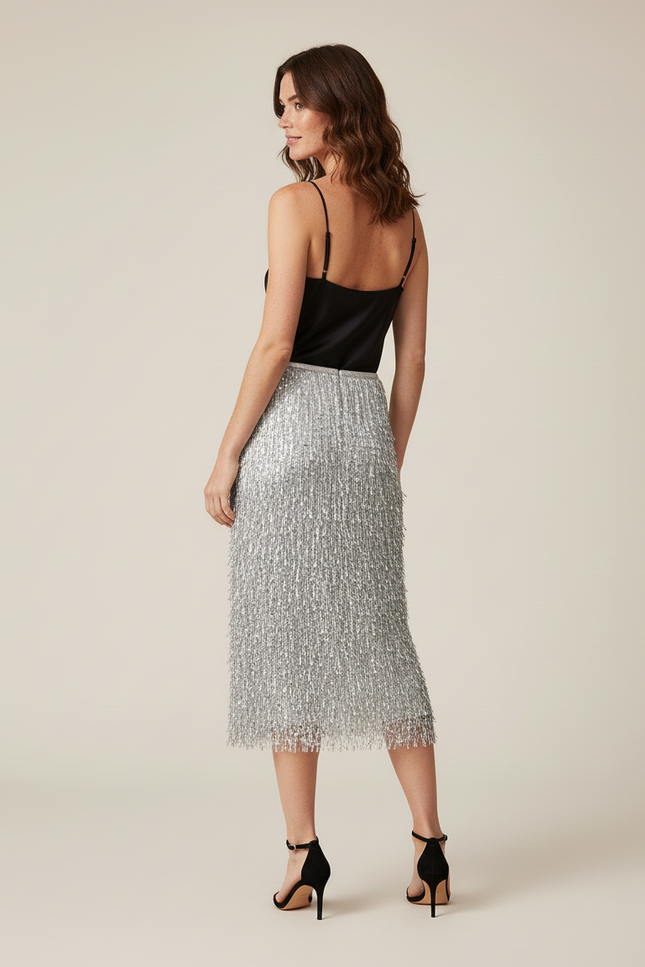 Jupe Paillette Argentée Frangée Chic