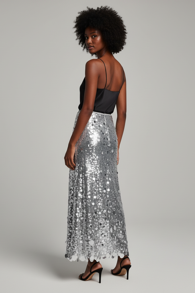Jupe Paillette Argentée Longue Élégante