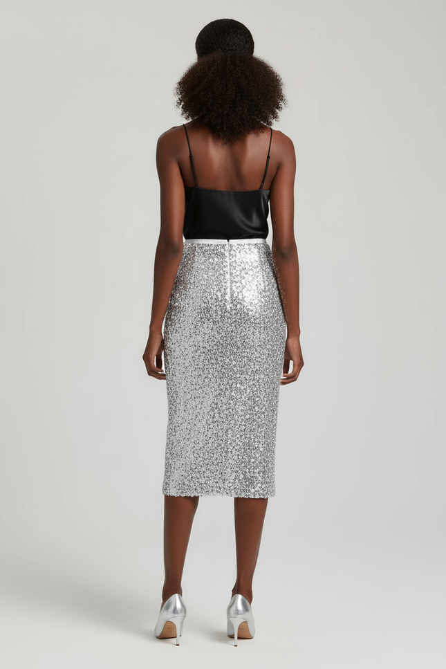 Jupe Paillette Argentée Coupe Droite Chic