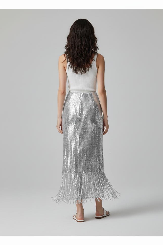 Jupe Paillette Argentée Franges Chic