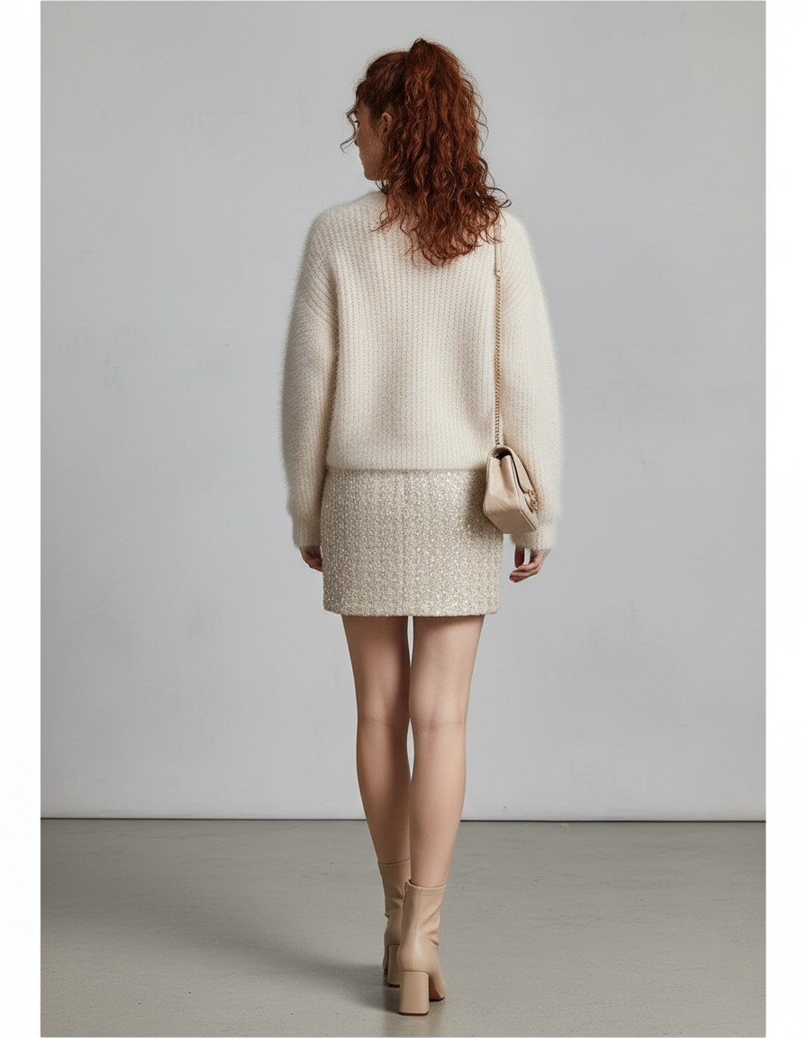 Jupe Paillette Beige Tweed Élégante