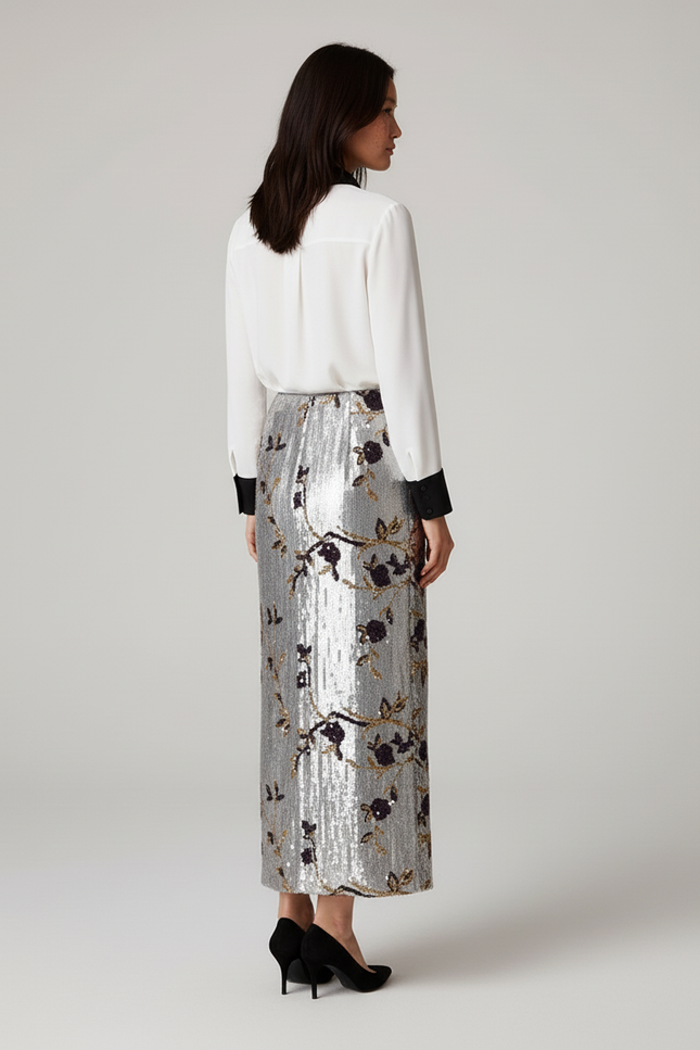 Jupe Paillette Argentée Motifs Floraux Élégante