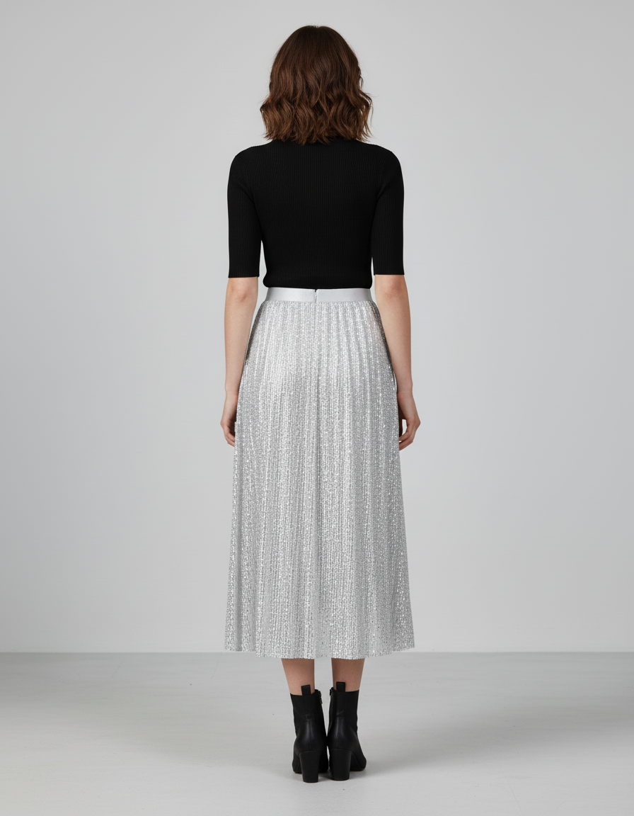 Jupe Paillette Argentée Plissée Élégante