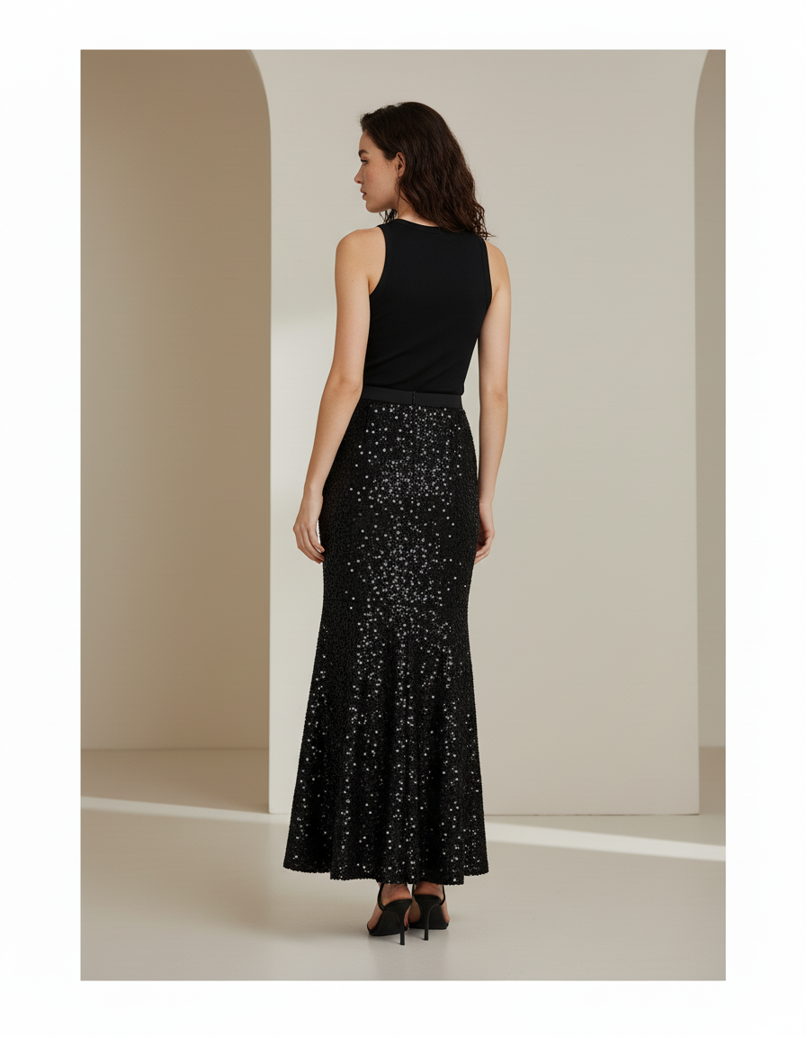 Jupe Paillette Noire Coupe Sirène Élégante