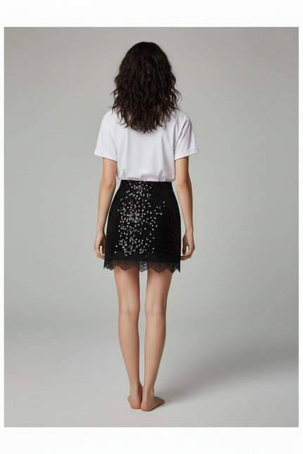 Jupe Paillette Noire Dentelle Chic