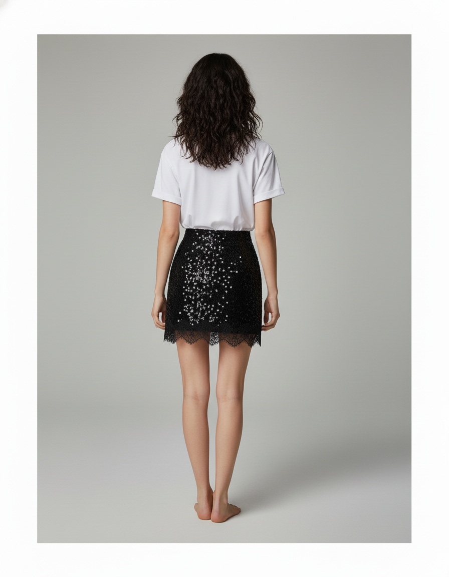 Jupe Paillette Noire Dentelle Chic