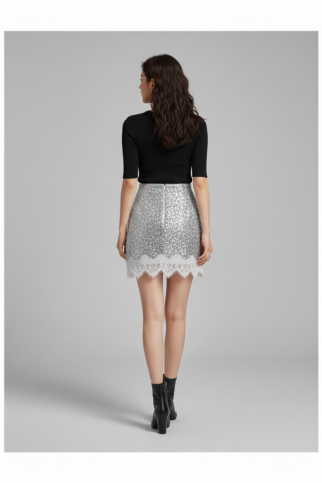 Jupe Paillette Argentée Dentelle Chic