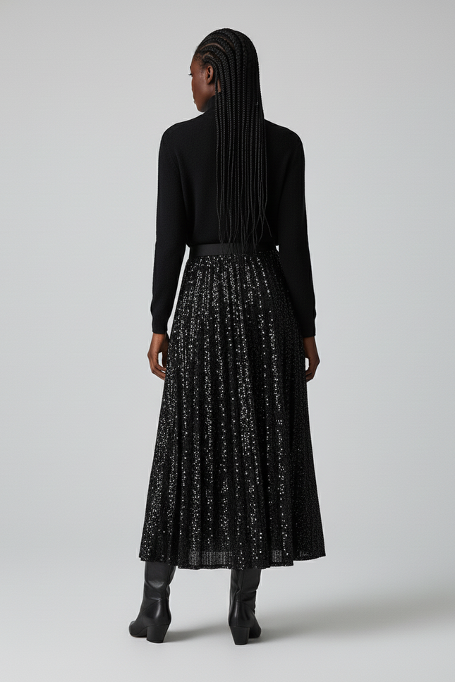 Jupe Paillette Noire Plissée Chic