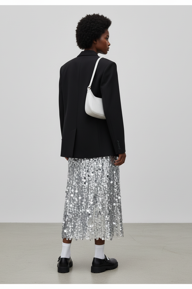 Jupe Paillette Argentée Midi Chic
