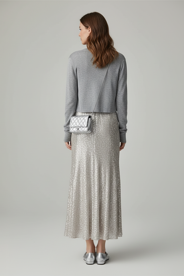 Jupe Paillette Argentée Fluide Élégante