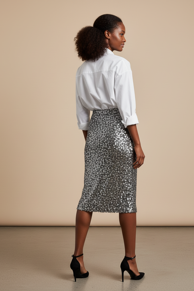 Jupe Paillette Argentée Coupe Crayon Chic