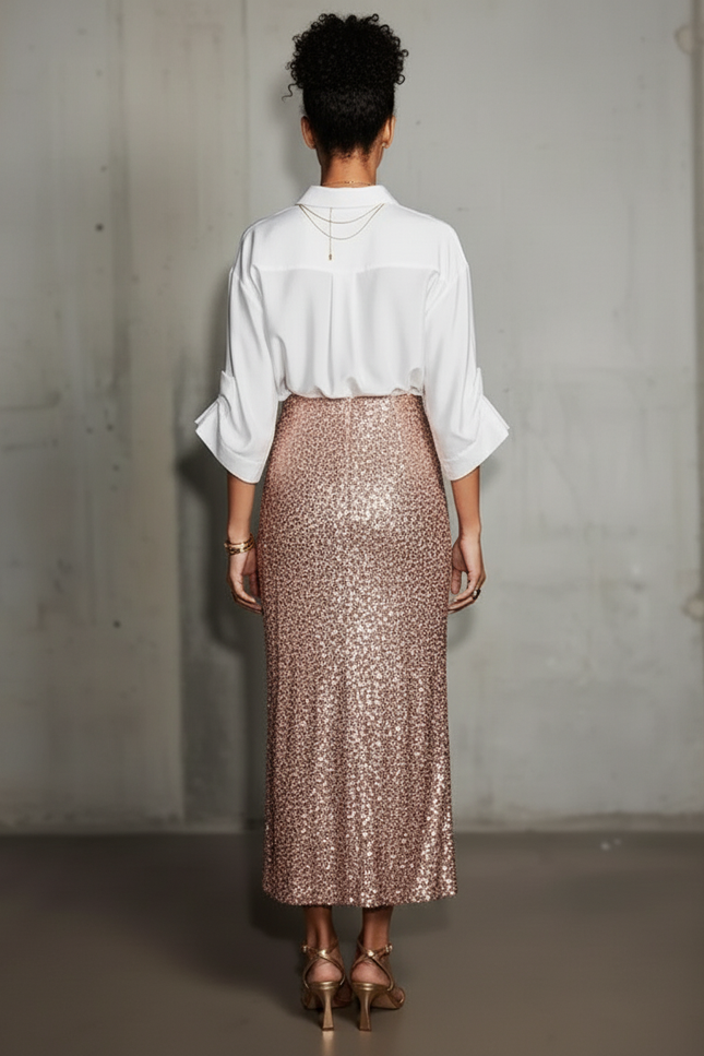 Jupe Paillette Longue Rose Gold Élégante