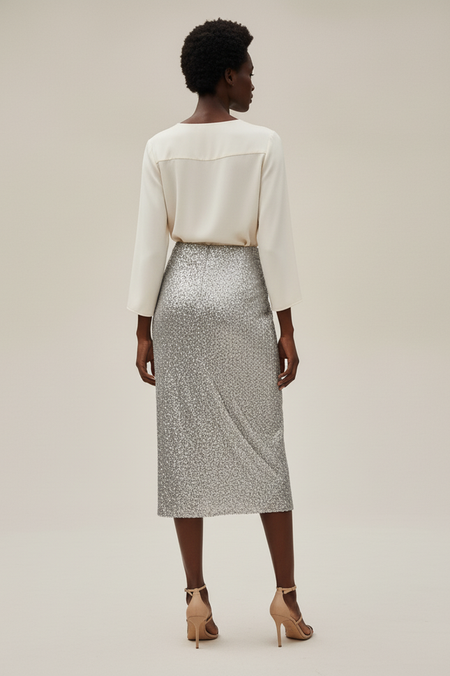 Jupe Paillette Argentée Drapée Élégante