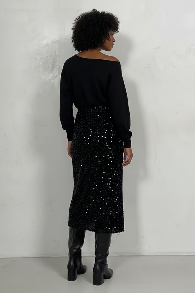 Jupe Paillette Noire Fendue Élégante