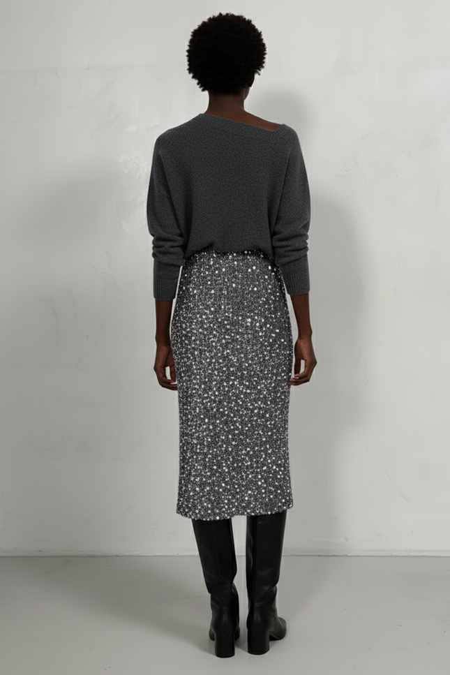 Jupe Paillette Argentée Fendue Élégante