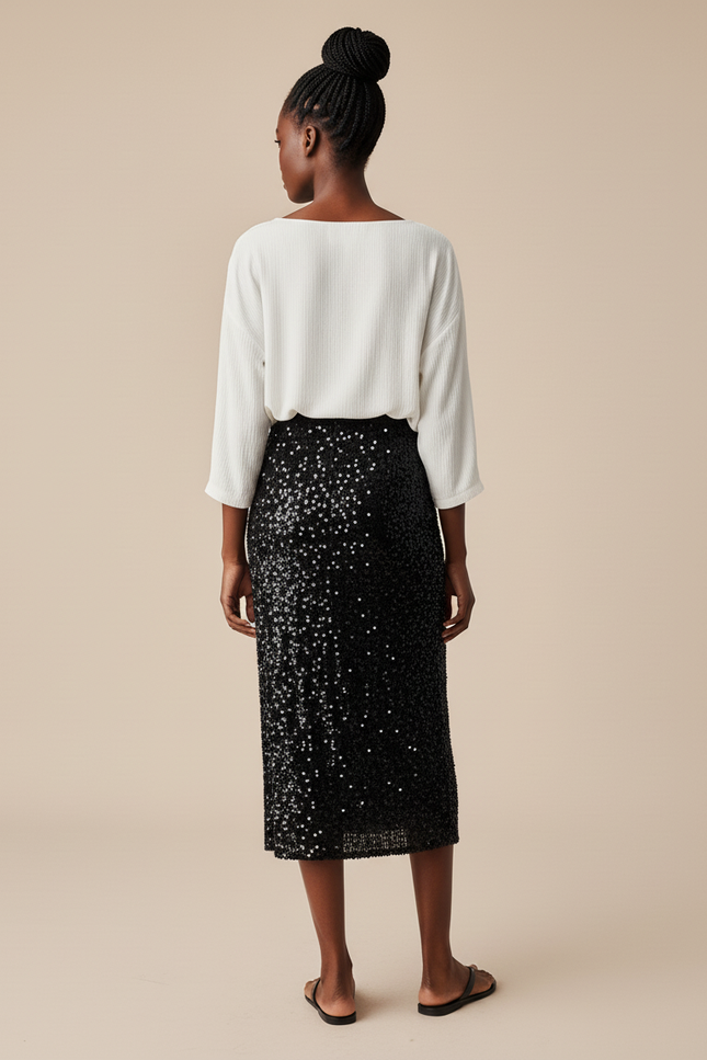 Jupe Paillette Noire Coupe Crayon Élégante