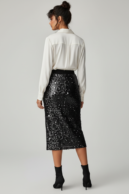 Jupe Paillette Noire Midi Chic