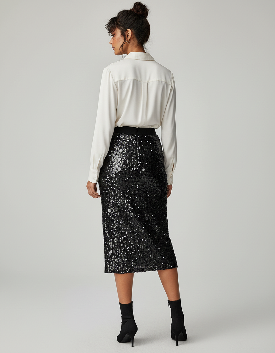 Jupe Paillette Noire Midi Chic