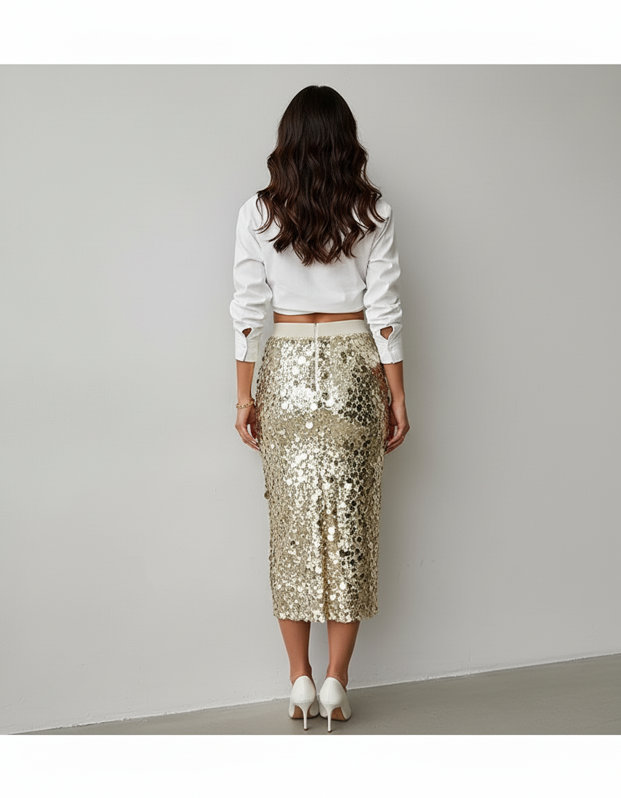 Jupe Paillette Dorée Midi Chic