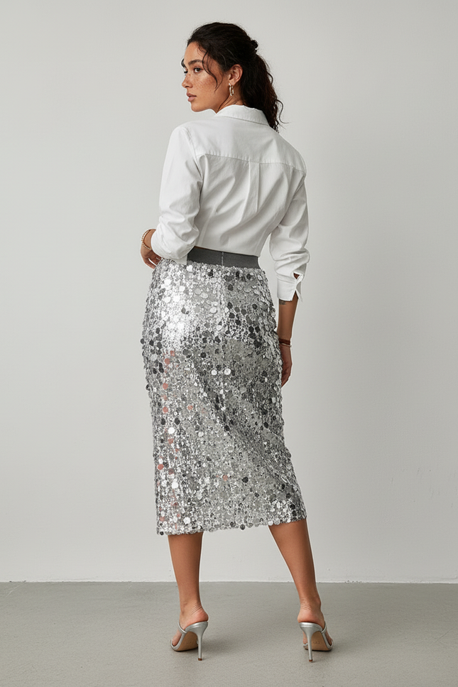 Jupe Paillette Argentée Midi Chic