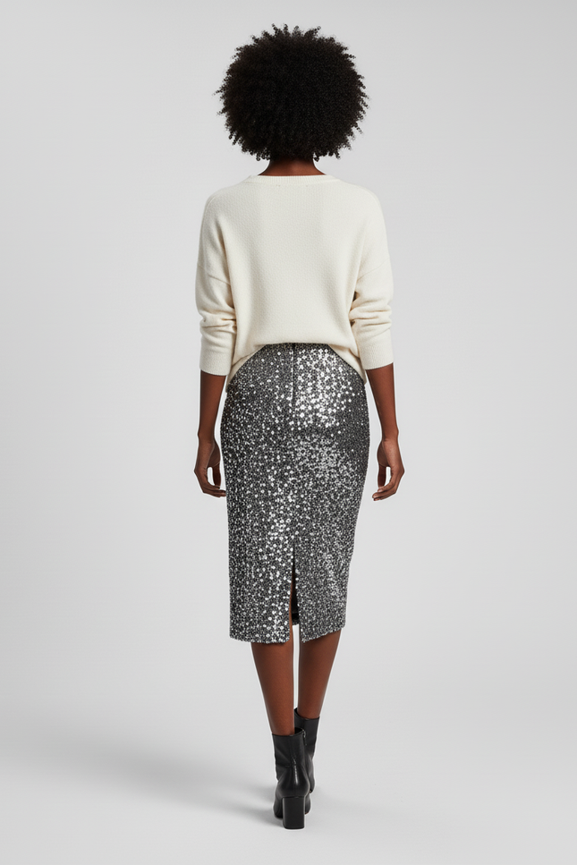 Jupe Paillette Argentée Droite Chic