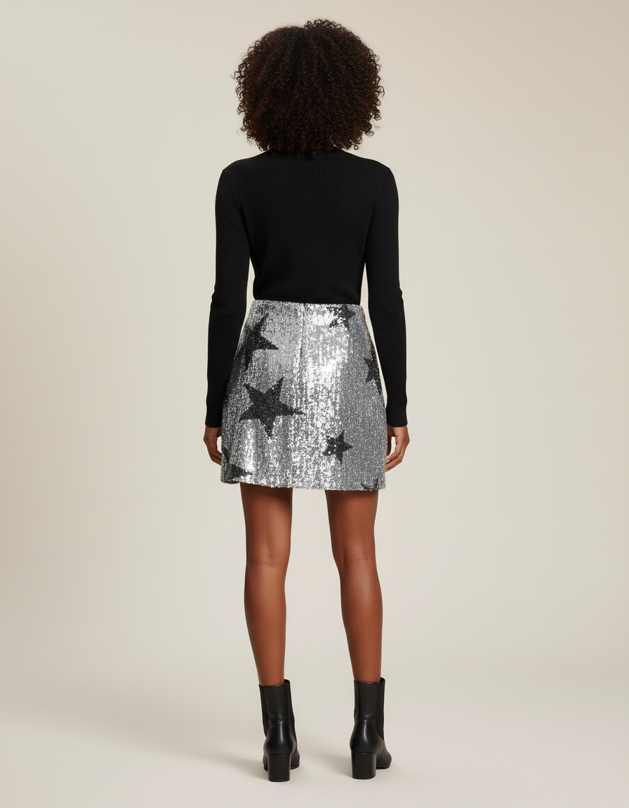 Jupe Paillette Argentée Motifs Étoiles Chic