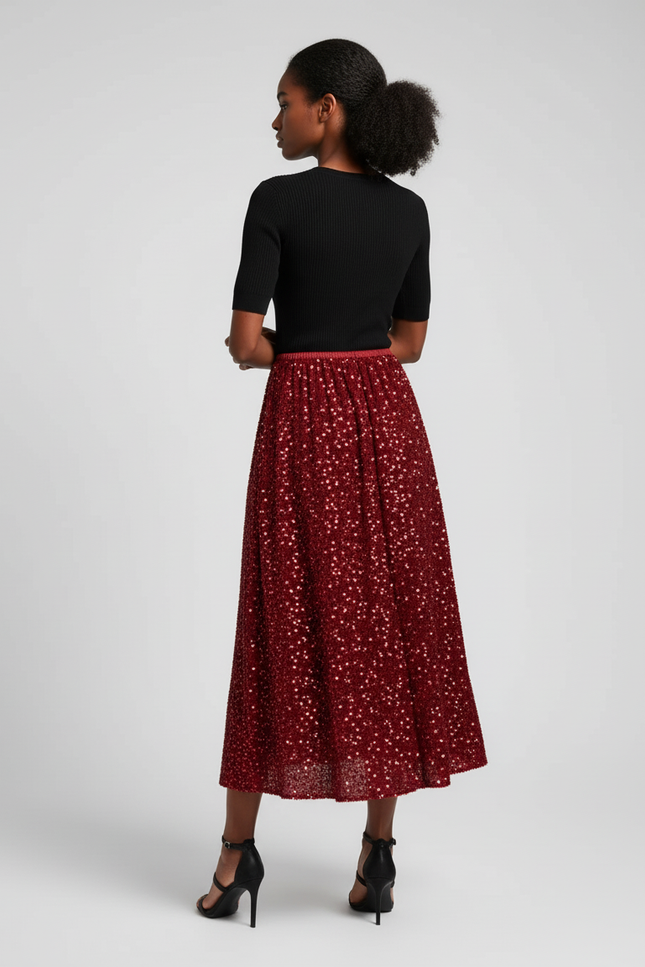 Jupe Paillette Rouge Midi Élégante