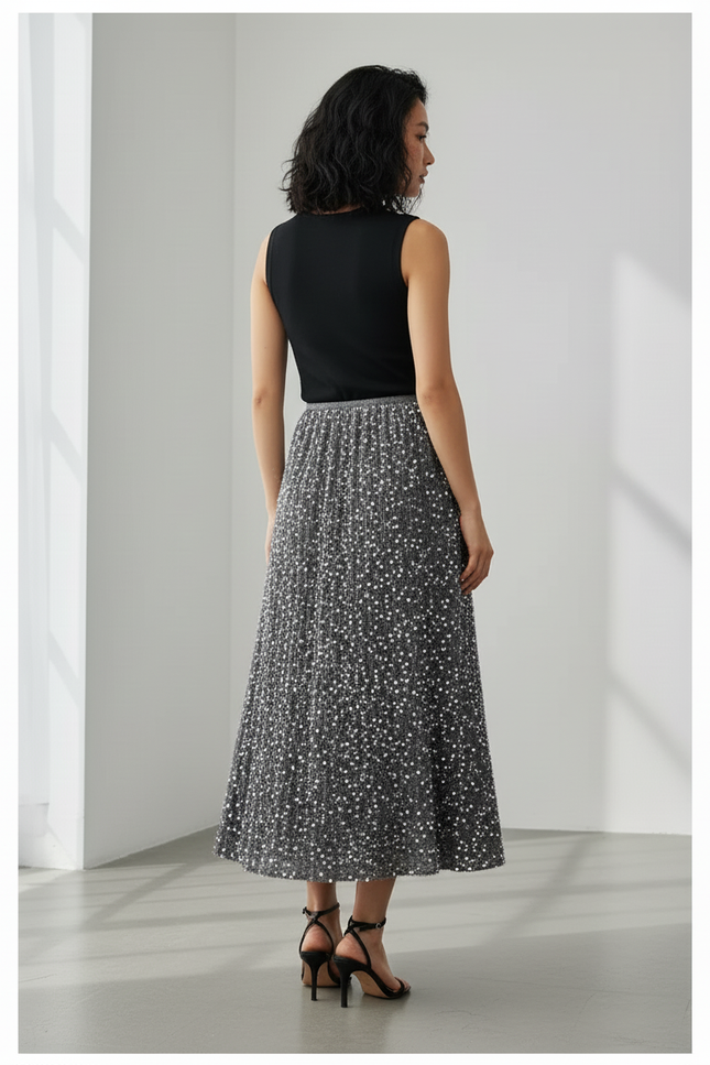 Jupe Paillette Grise Midi Élégante