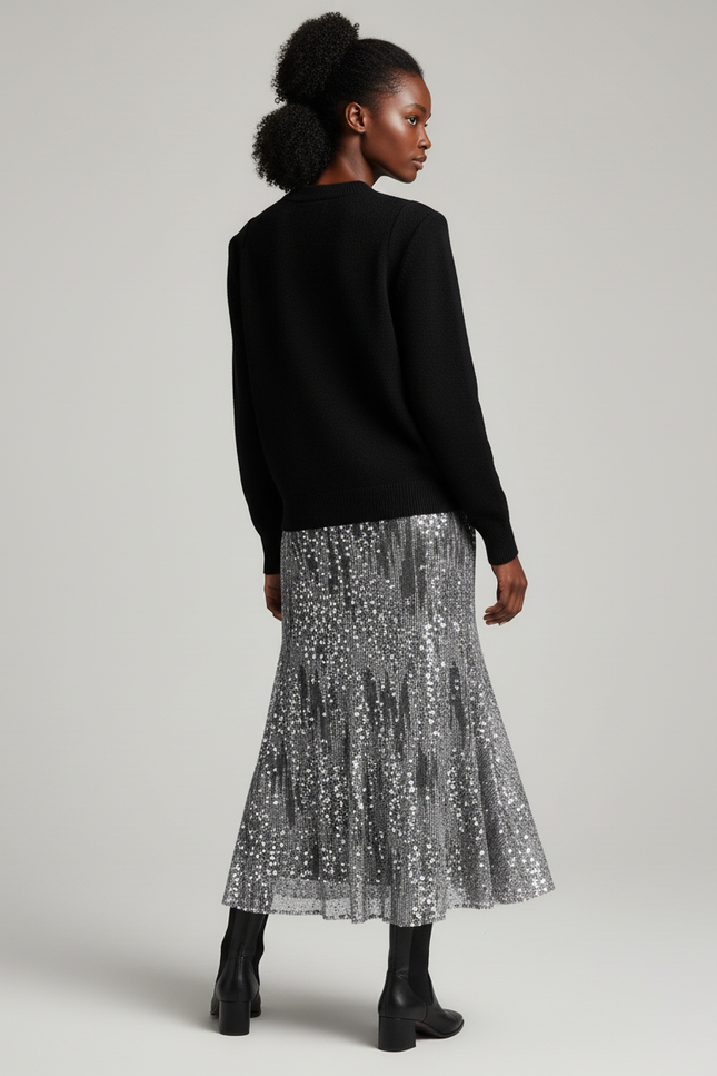 Jupe Paillette Argentée Évasée Élégante