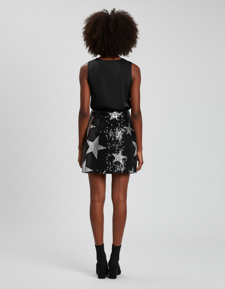 Jupe Paillette Noire Motif Étoiles Chic