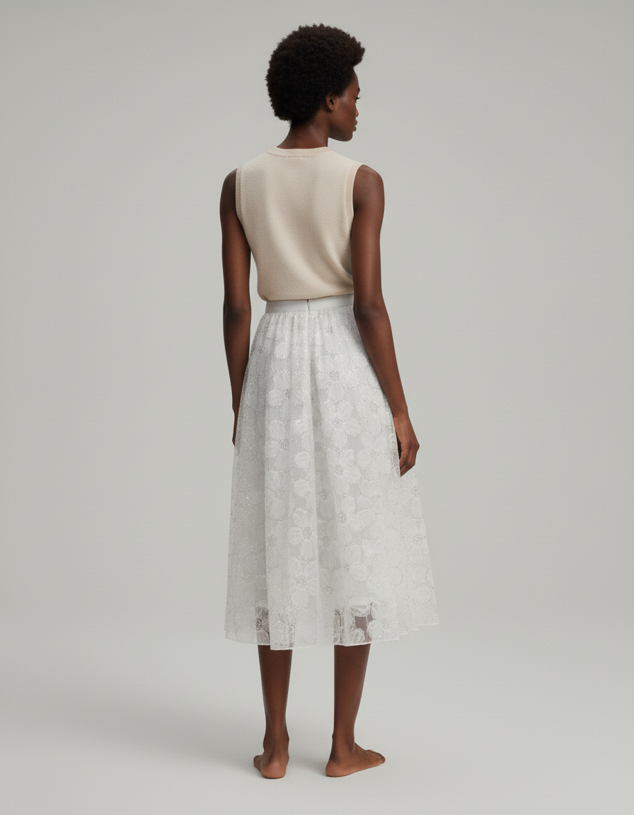 Jupe Paillette Blanche Florale Élégante