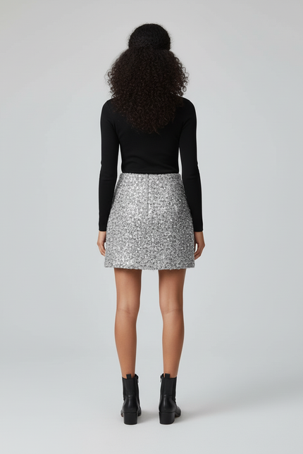 Jupe Paillette Argentée A-Line Élégante