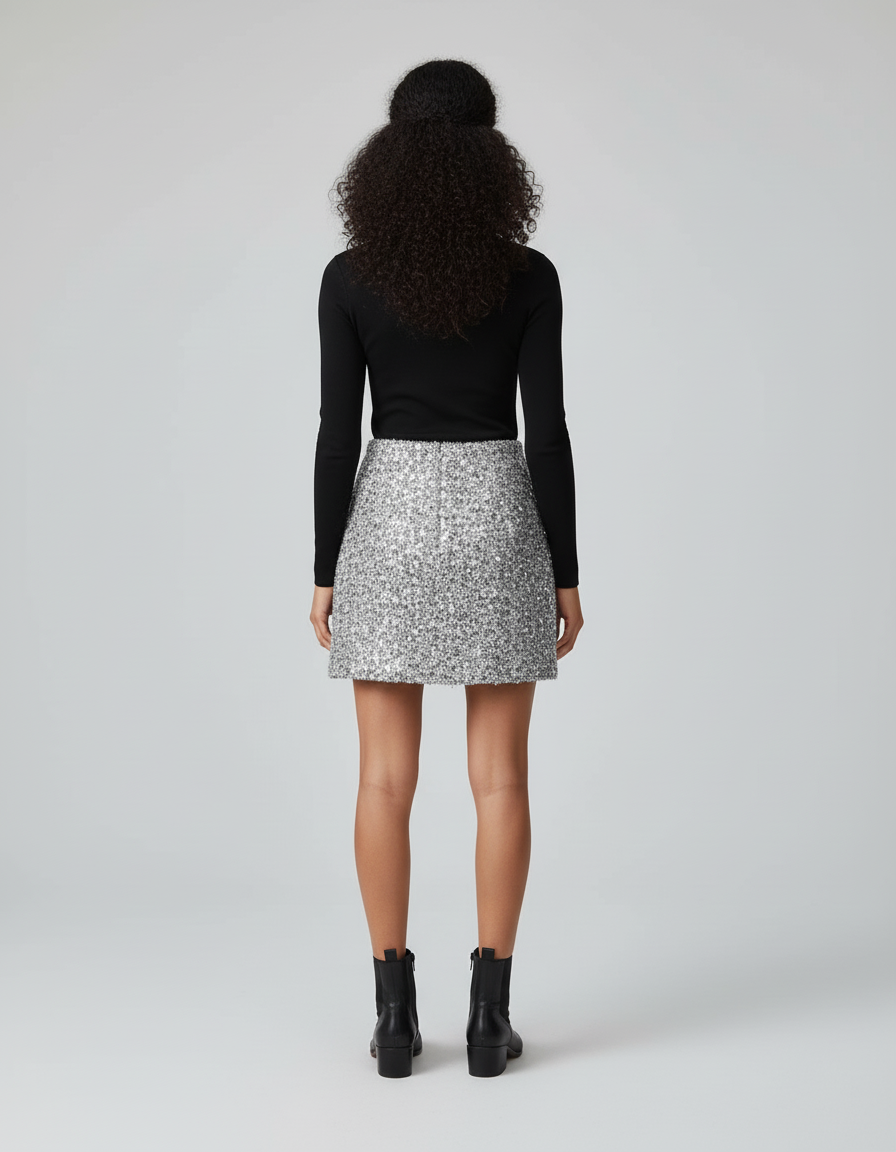 Jupe Paillette Argentée A-Line Élégante