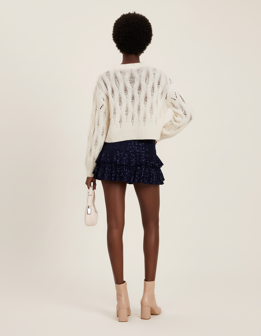 Jupe Paillette Bleu Marine Volants Chic