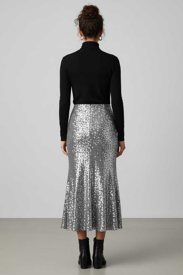 Jupe Paillette Argentée Midi Fluide