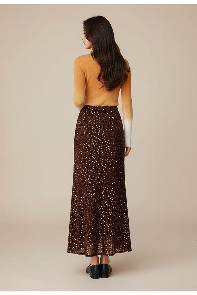 Jupe Paillette Longue Marron Élégante