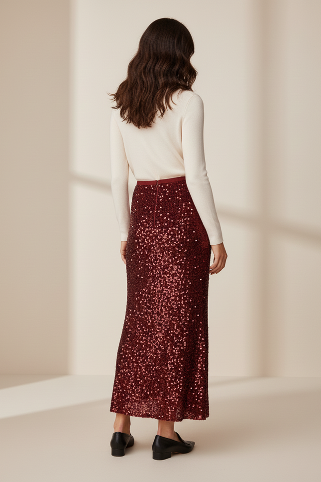 Jupe Paillette Longue Bordeaux Élégante
