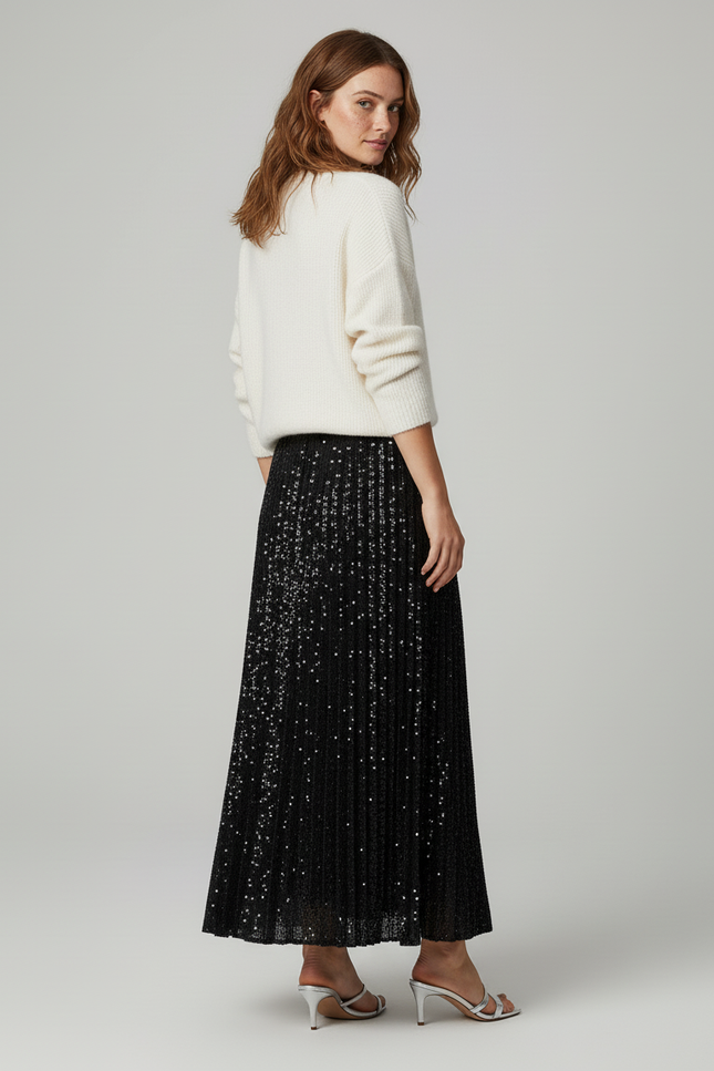 Jupe Paillette Noire Plissée Élégante