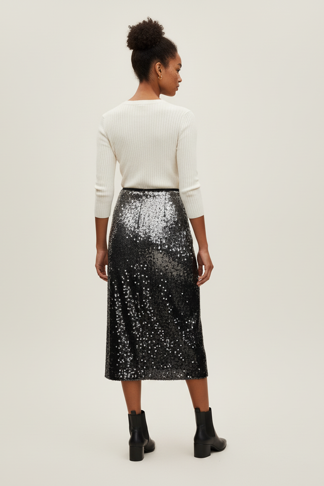 Jupe Paillette Noire Argentée Midi Élégante
