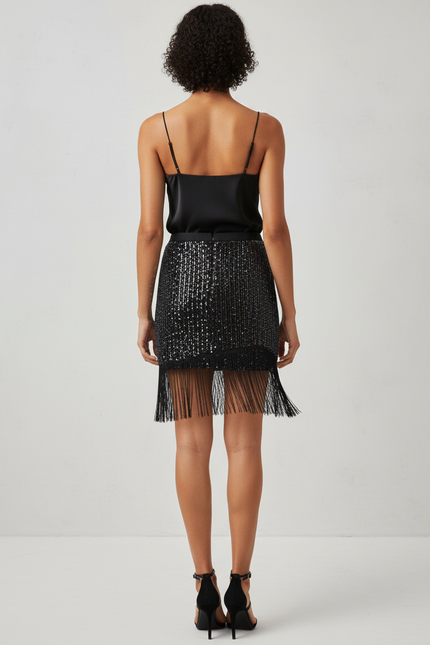 Jupe Paillette Noire Franges Élégante