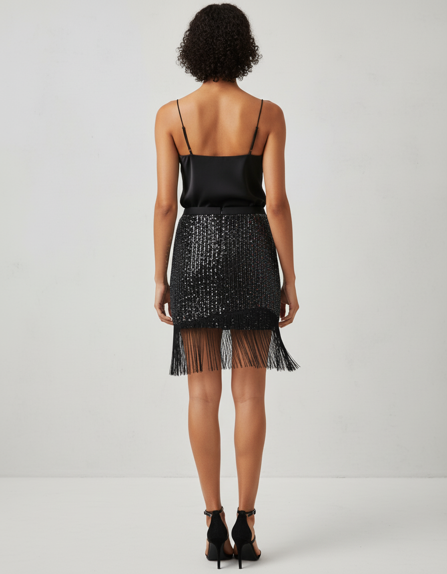 Jupe Paillette Noire Franges Élégante