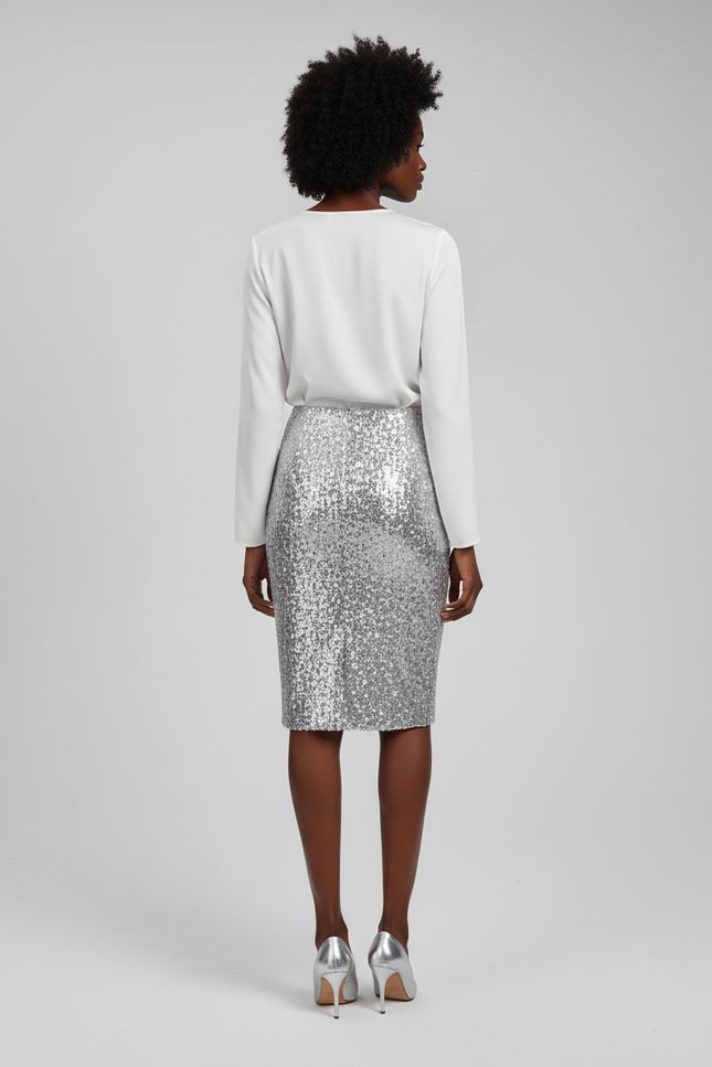 Jupe Paillette Argentée Coupe Crayon Élégante