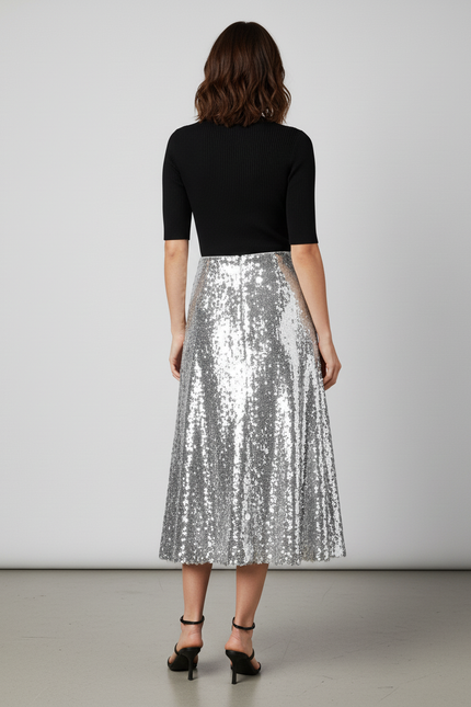 Jupe Paillette Argentée A-Line Élégante
